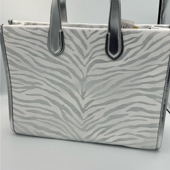 Michael Kors Silver Metallic Gigi Zebra Print Large Grab Tote Bag purse NWT - Picture 7 of 16